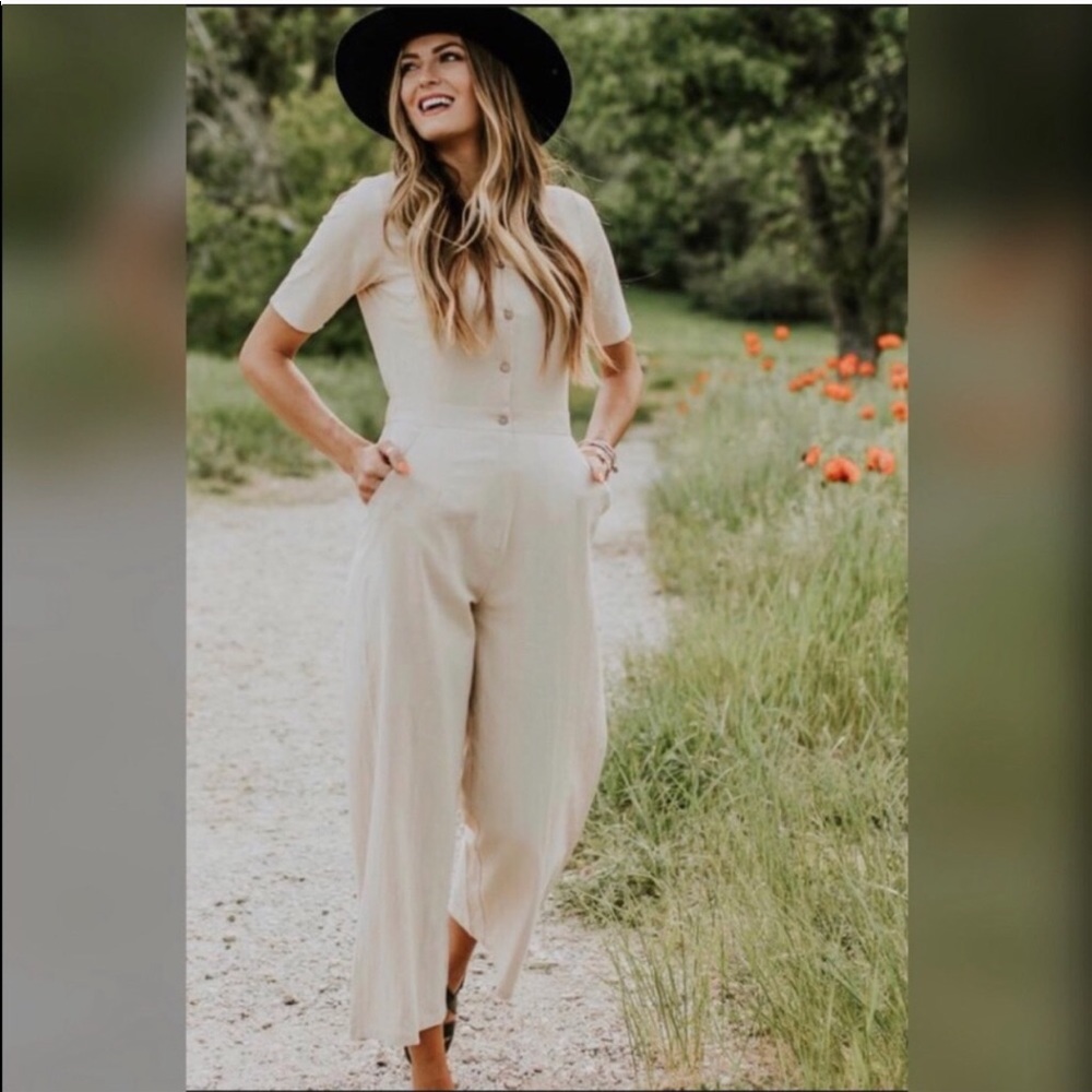 Roolee Oatmeal Button Short Sleeve Cotton Jumpsuit